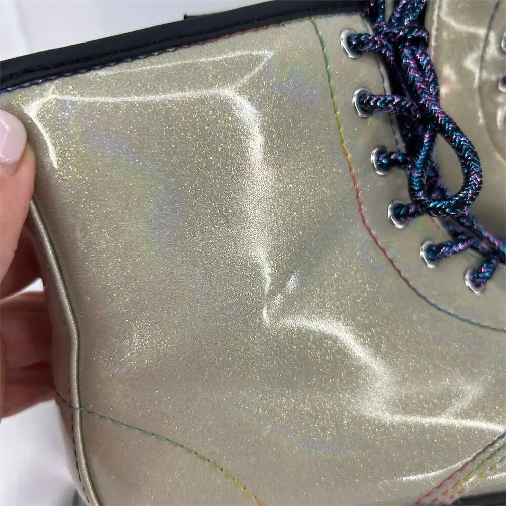Dr. Martens Kids Girls Silver Glitter Lace-Up Boots Size 3 Casual EUC